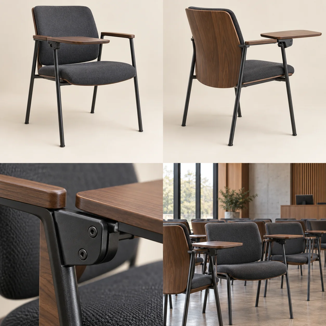 ARVIGA lecture chairs with writing pads four views for institutional