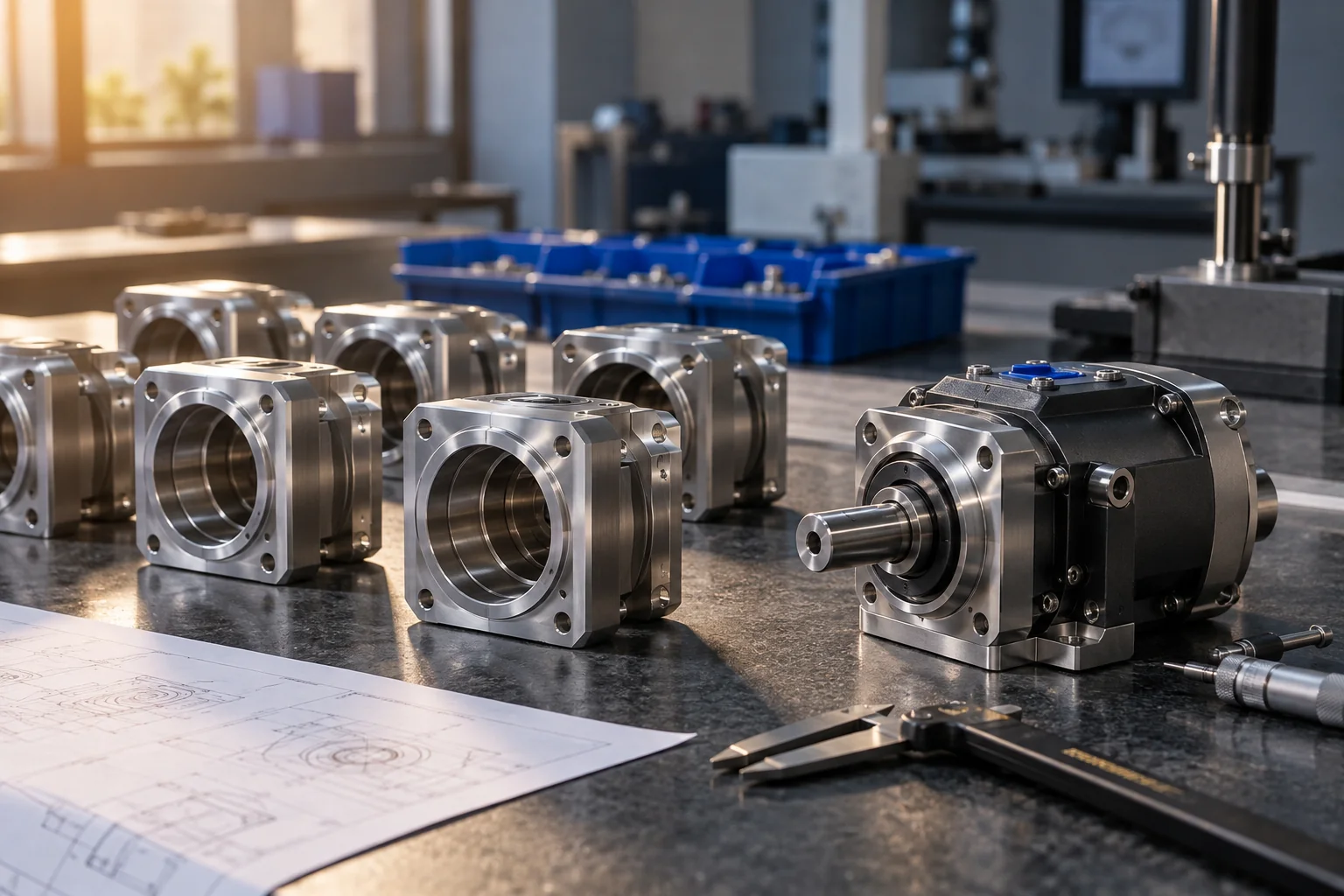 Prototype and batch manufactured components on a production bench