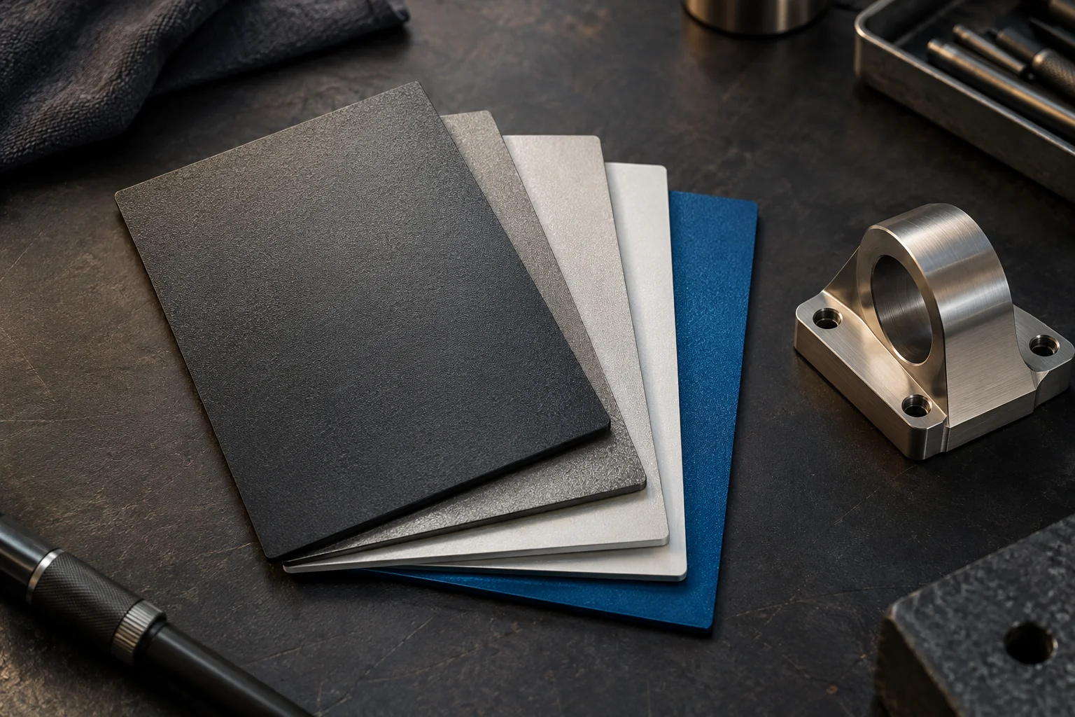 Powder coated metal panels showing surface finish options