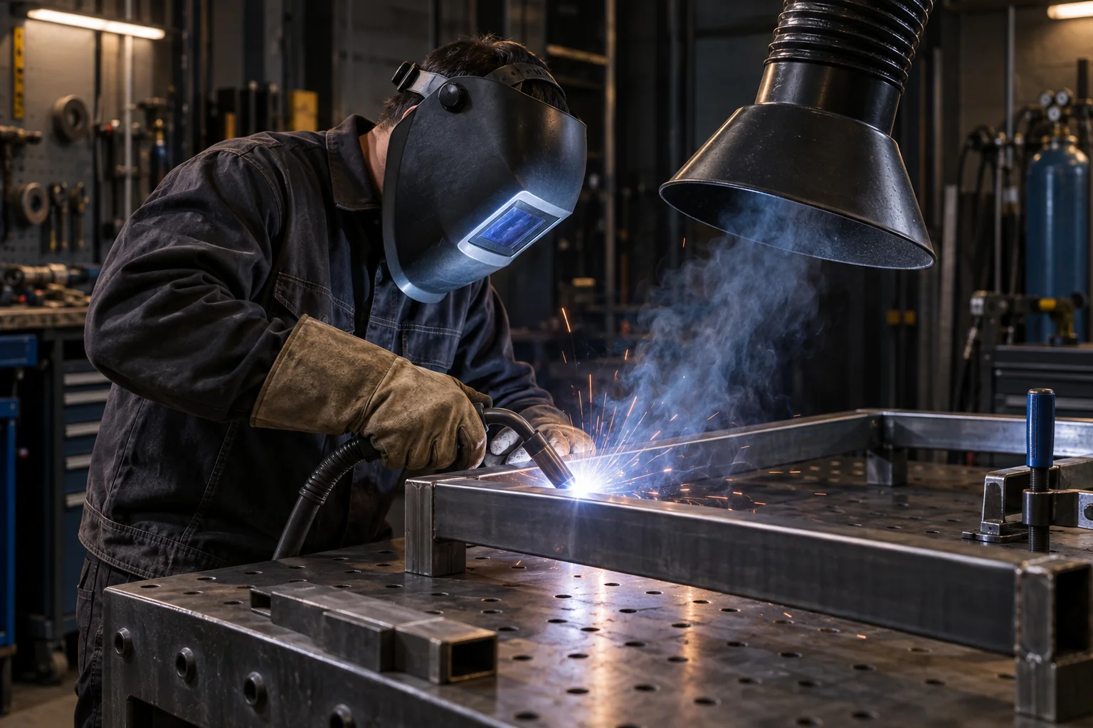 Shielded welding operation joining a metal fabrication